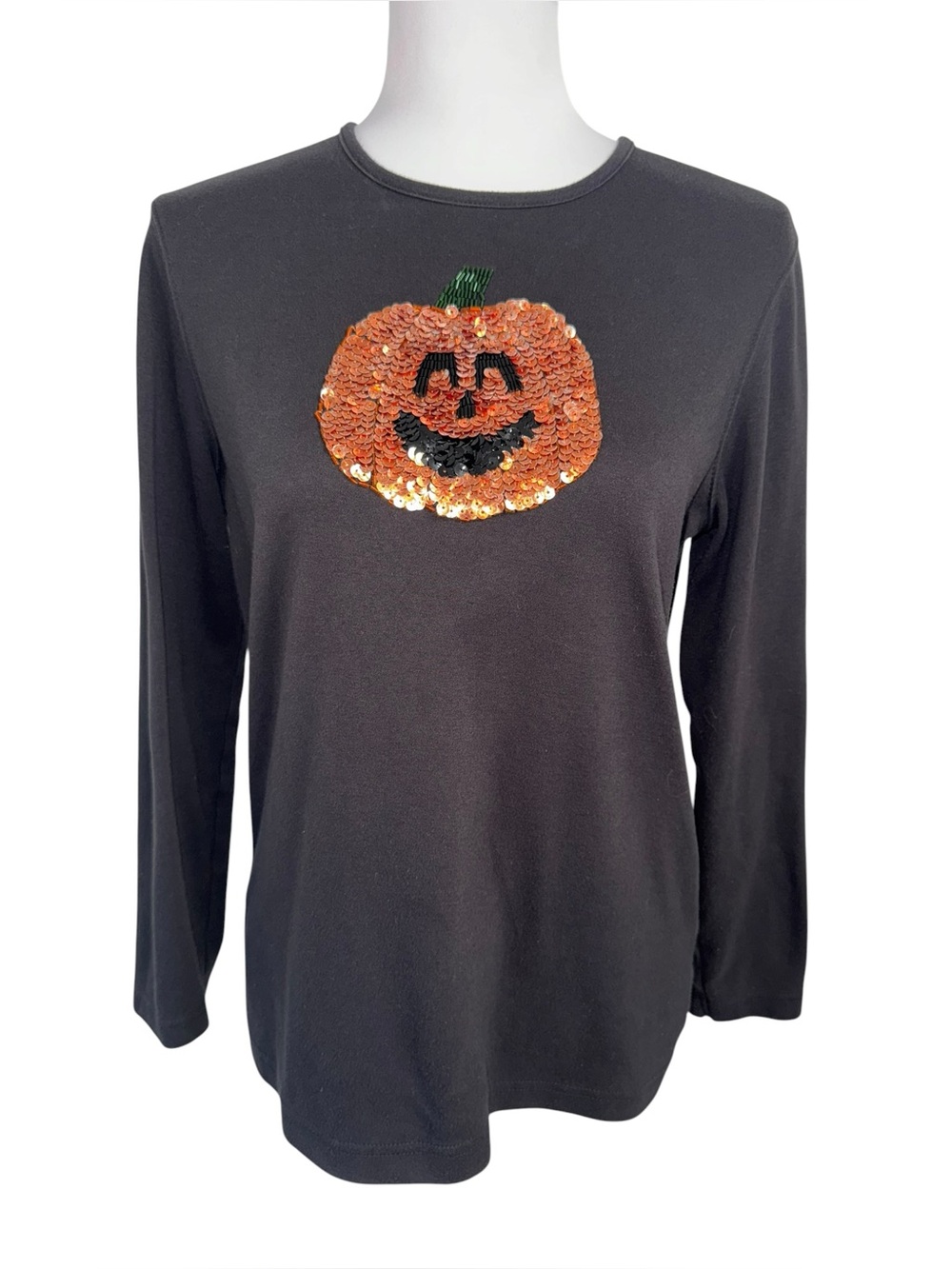 Studio Treat Sequin‎ Jack O Lantern Top Womens Medium Black Halloween Shirt